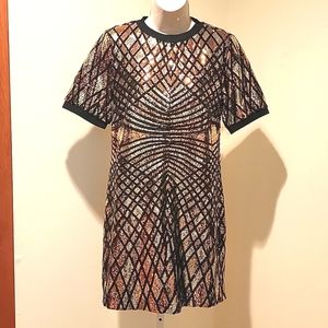 ASOS GOLD, BRASS & BLACK GEOMETRIC DESIGN SEQUIN DRESS WITH SHORT SLEEVES